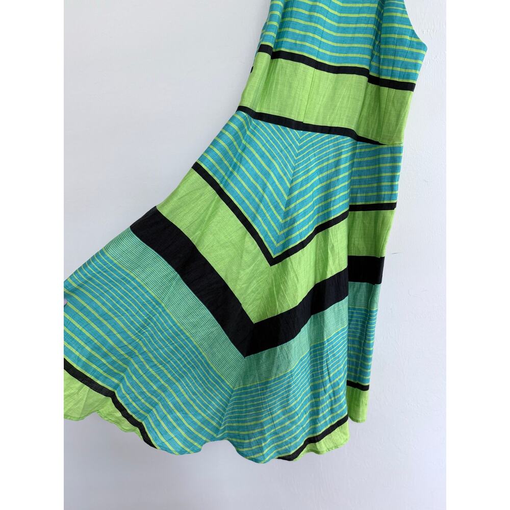 NANETTE LEPORE kiwi green blue striped Y2K Bogatelle linen blend hi lo dress - Picture 8 of 11